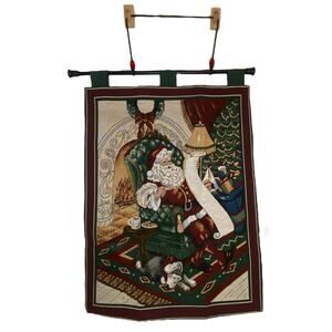 Vintage Christmas Tapestry Banner 26" x 36" w/ Rod  Santa with list by fireplace